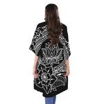 Black And White Lotus Flower Print Open Front Beach Cover Up
