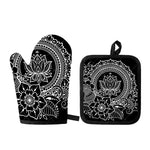 Black And White Lotus Flower Print Oven Mitt And Pot Holder Set