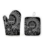 Black And White Lotus Flower Print Oven Mitt And Pot Holder Set