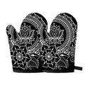 Black And White Lotus Flower Print Oven Mitts