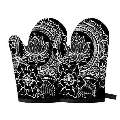 Black And White Lotus Flower Print Oven Mitts