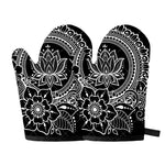 Black And White Lotus Flower Print Oven Mitts