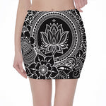 Black And White Lotus Flower Print Pencil Mini Skirt