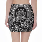 Black And White Lotus Flower Print Pencil Mini Skirt