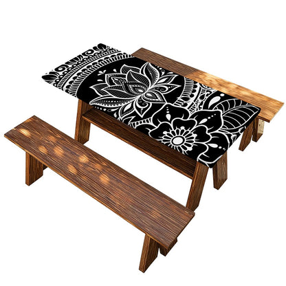 Black And White Lotus Flower Print Picnic Table Cover