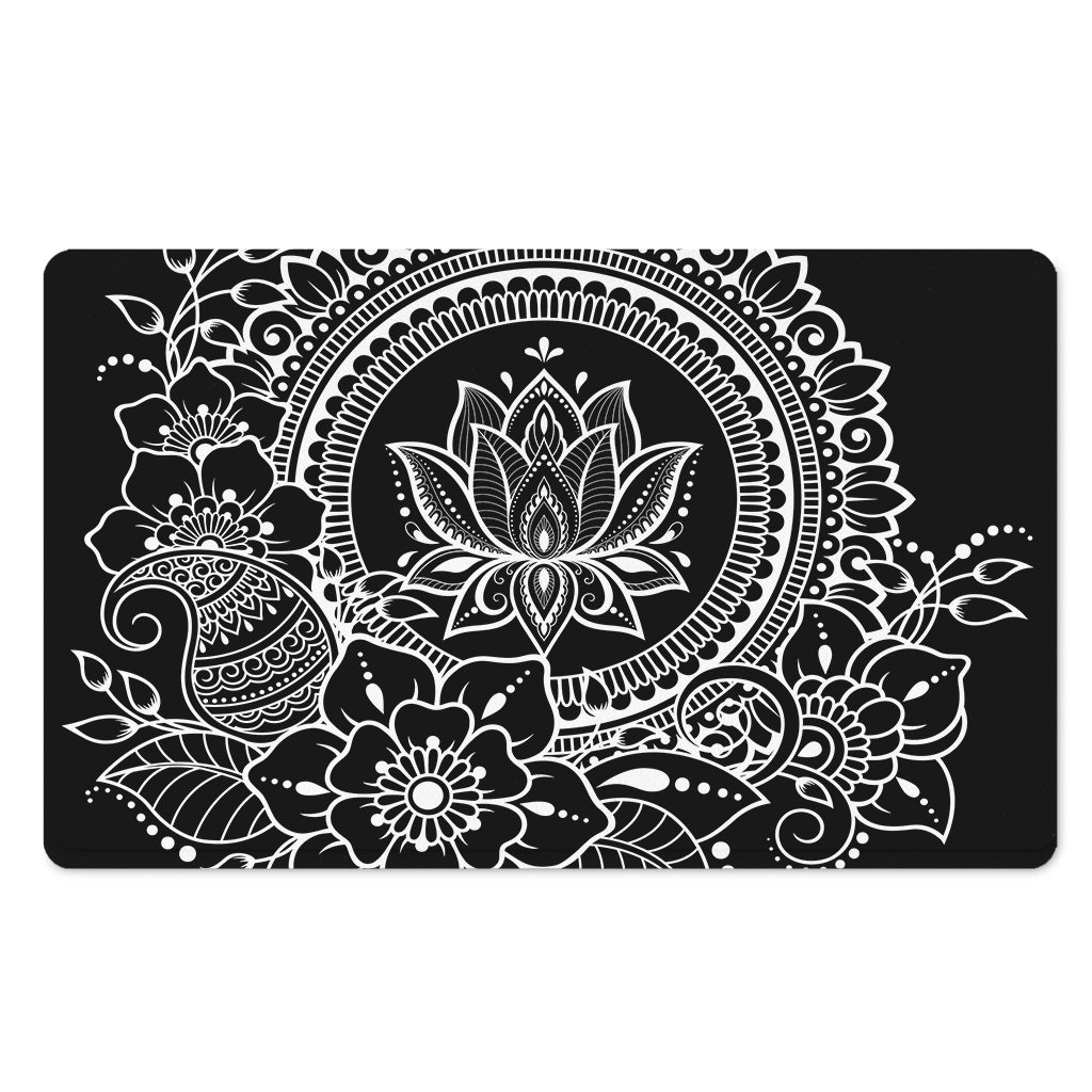Black And White Lotus Flower Print Polyester Doormat