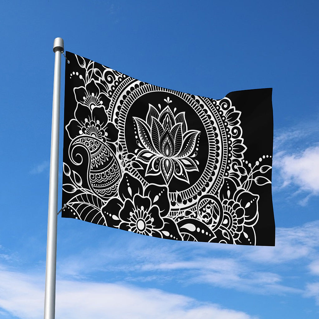 Black And White Lotus Flower Print Polyester Flag