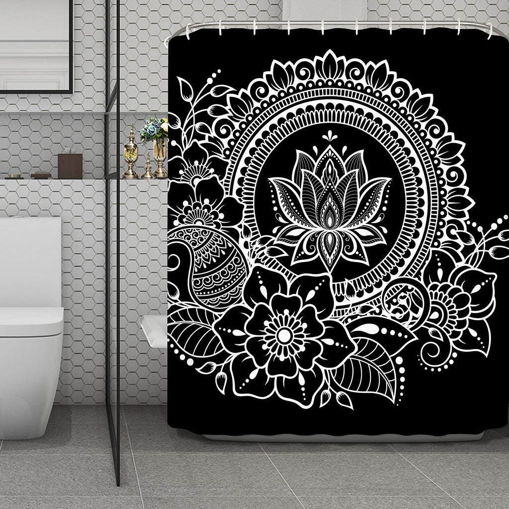 Black And White Lotus Flower Print Polyester Shower Curtain