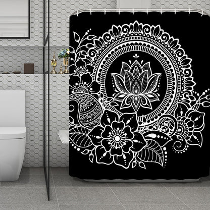 Black And White Lotus Flower Print Polyester Shower Curtain
