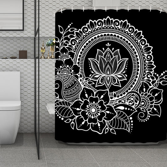 Black And White Lotus Flower Print Polyester Shower Curtain