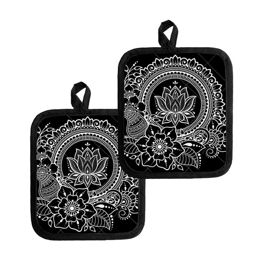Black And White Lotus Flower Print Pot Holders