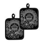 Black And White Lotus Flower Print Pot Holders