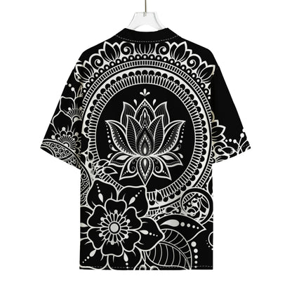 Black And White Lotus Flower Print Rayon Hawaiian Shirt