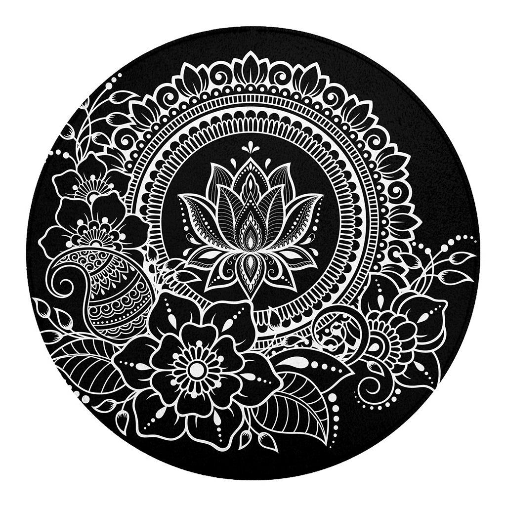 Black And White Lotus Flower Print Round Blanket