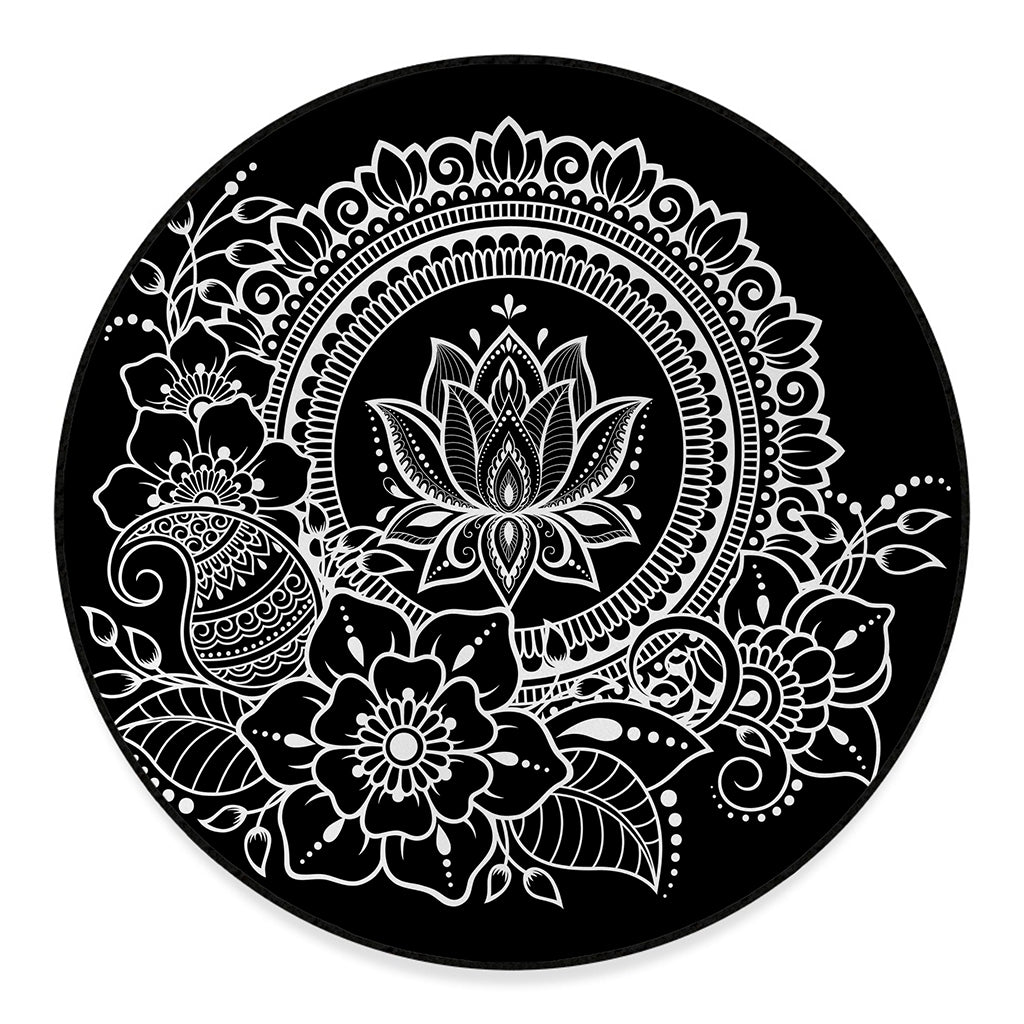 Black And White Lotus Flower Print Round Floor Mat