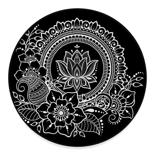 Black And White Lotus Flower Print Round Floor Mat