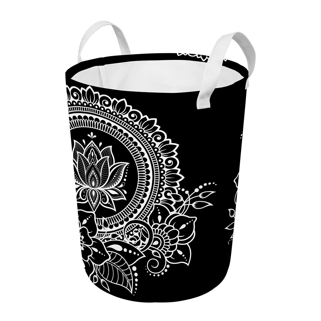 Black And White Lotus Flower Print Round Laundry Basket