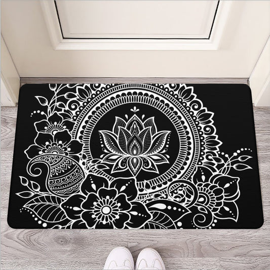 Black And White Lotus Flower Print Rubber Doormat