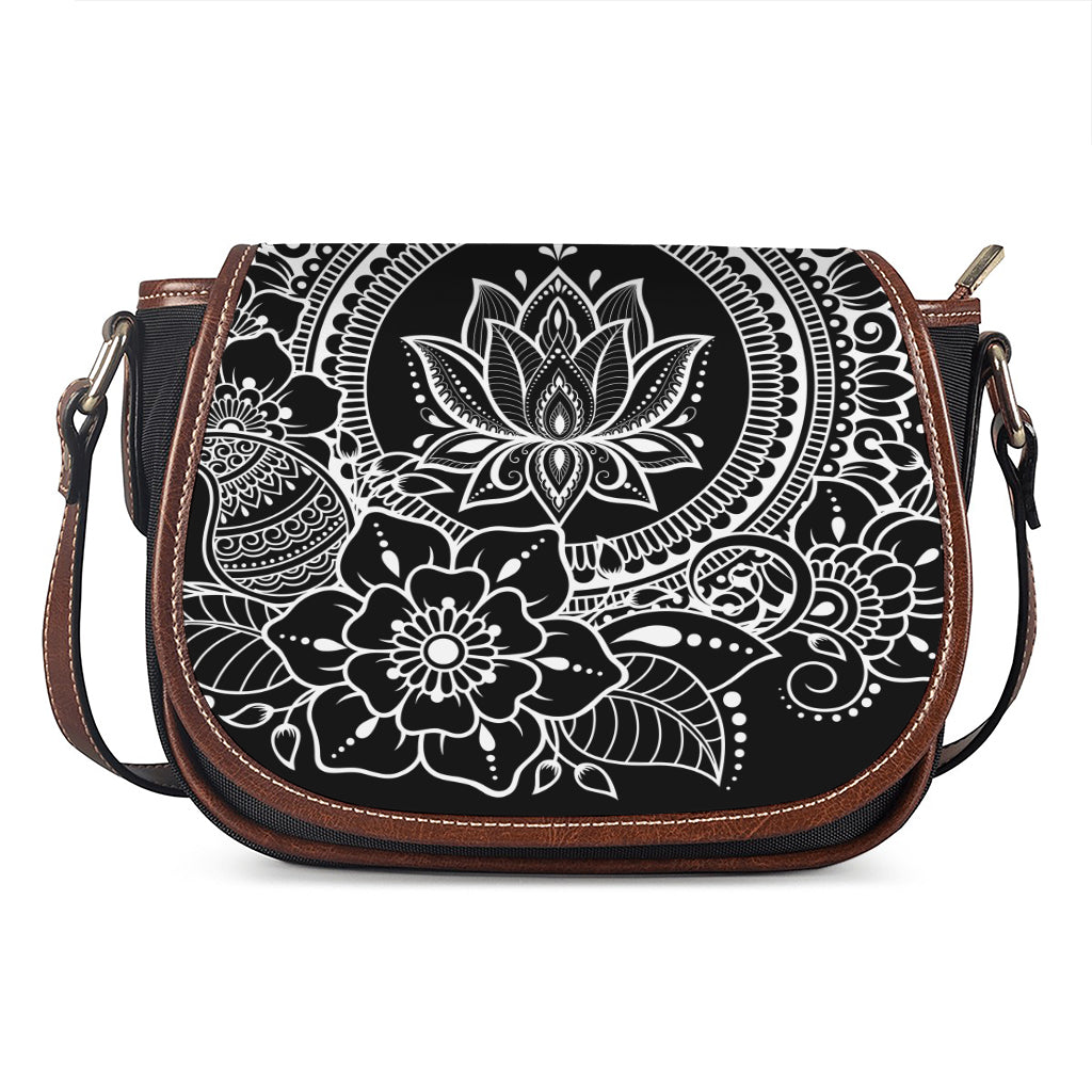 Black And White Lotus Flower Print Saddle Bag