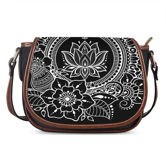 Black And White Lotus Flower Print Saddle Bag