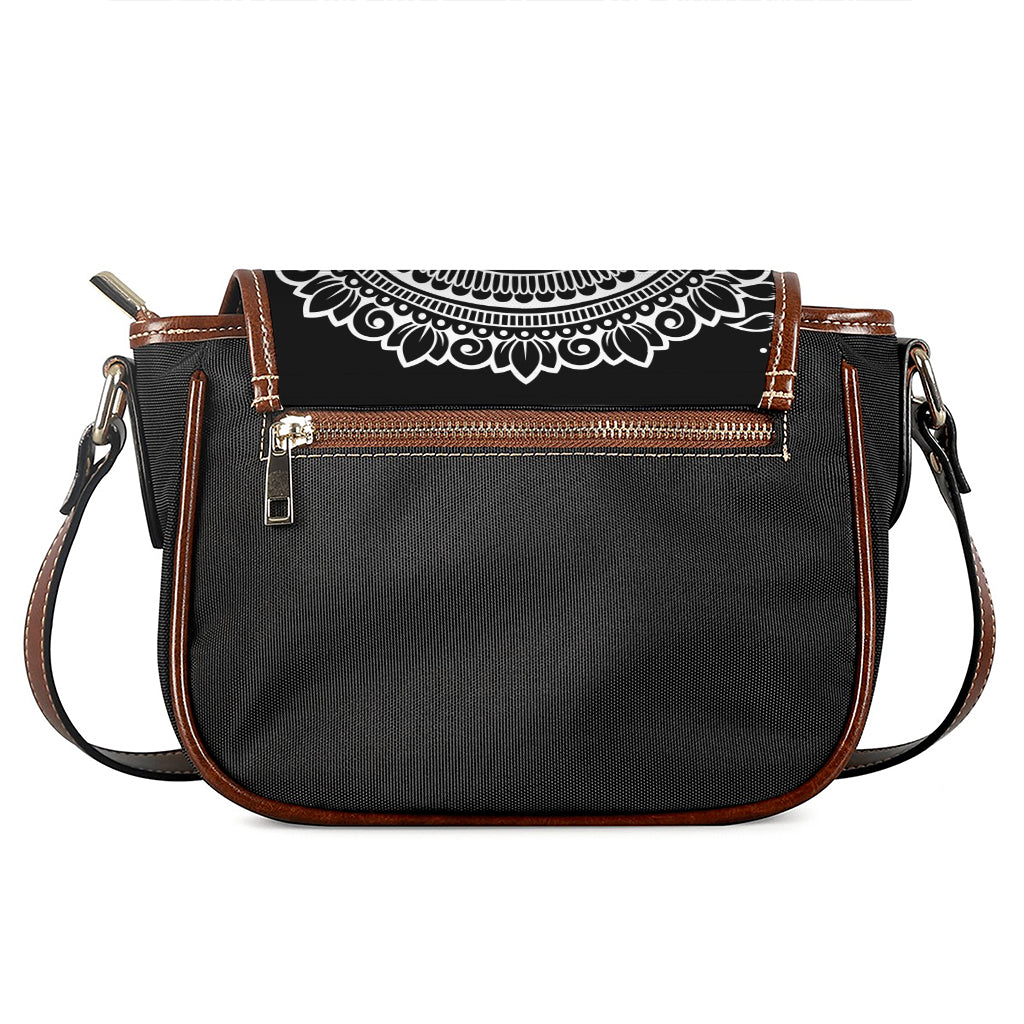 Black And White Lotus Flower Print Saddle Bag