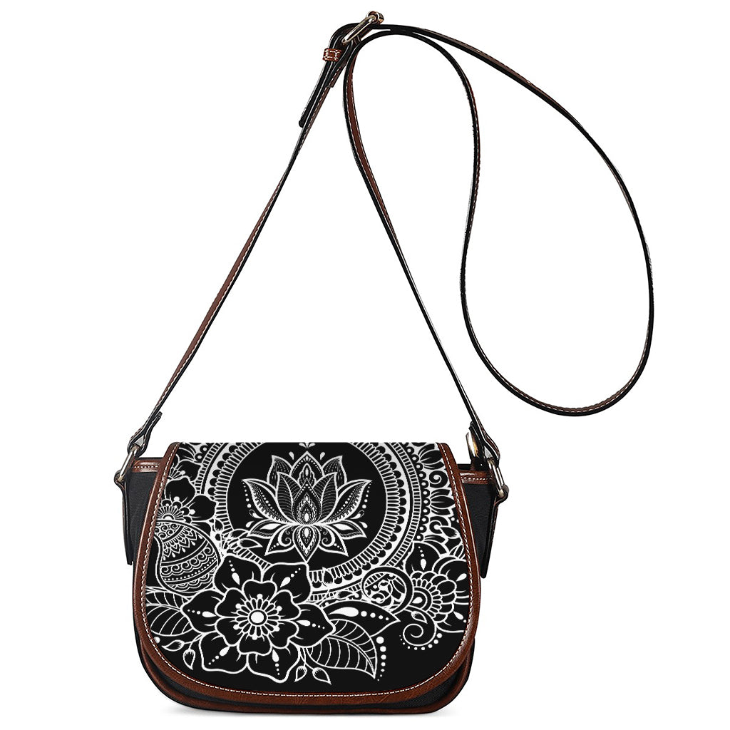 Black And White Lotus Flower Print Saddle Bag