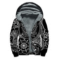 Black And White Lotus Flower Print Sherpa Lined Zip Up Hoodie