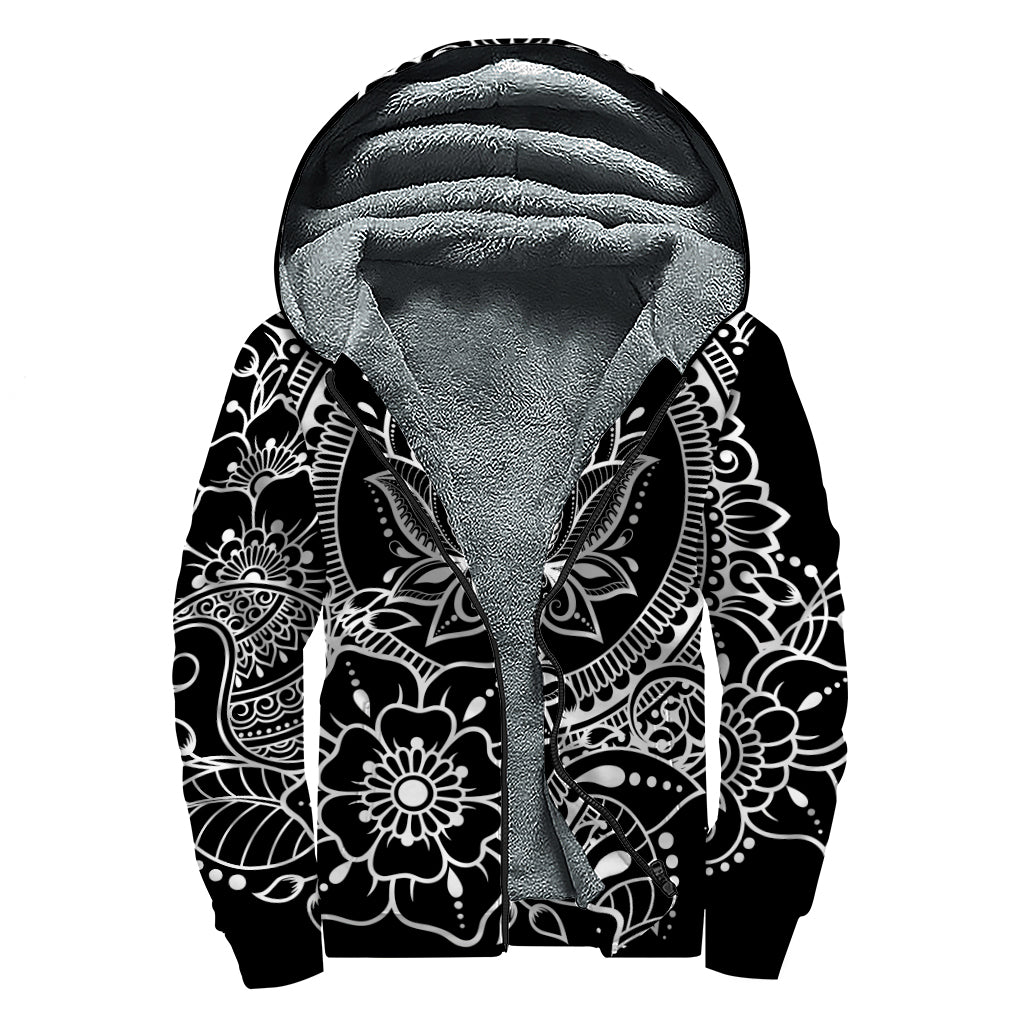 Black And White Lotus Flower Print Sherpa Lined Zip Up Hoodie