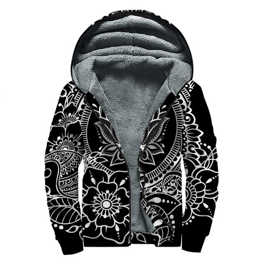Black And White Lotus Flower Print Sherpa Lined Zip Up Hoodie