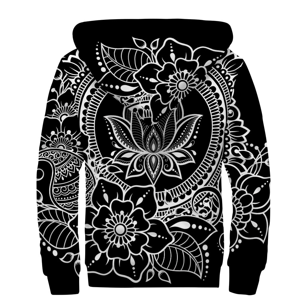 Black And White Lotus Flower Print Sherpa Lined Zip Up Hoodie
