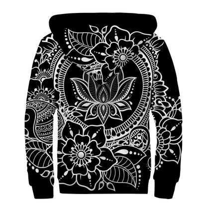 Black And White Lotus Flower Print Sherpa Lined Zip Up Hoodie