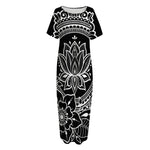 Black And White Lotus Flower Print Short Sleeve Long Nightdress