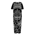 Black And White Lotus Flower Print Short Sleeve Long Nightdress