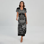Black And White Lotus Flower Print Short Sleeve Maxi Dress