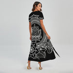 Black And White Lotus Flower Print Short Sleeve Maxi Dress