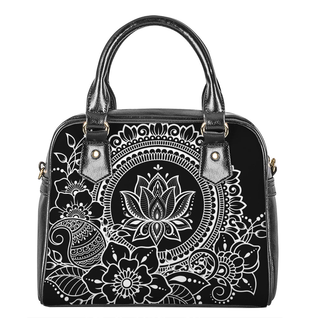 Black And White Lotus Flower Print Shoulder Handbag
