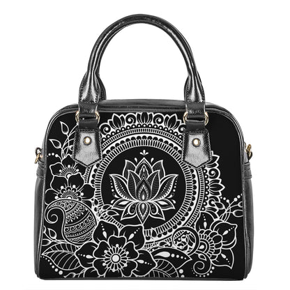 Black And White Lotus Flower Print Shoulder Handbag