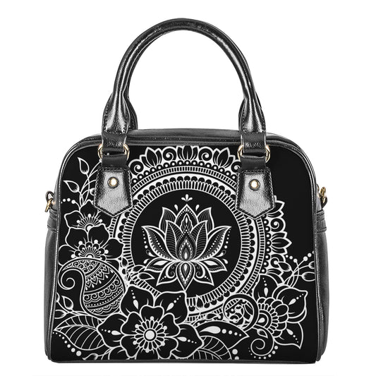 Black And White Lotus Flower Print Shoulder Handbag