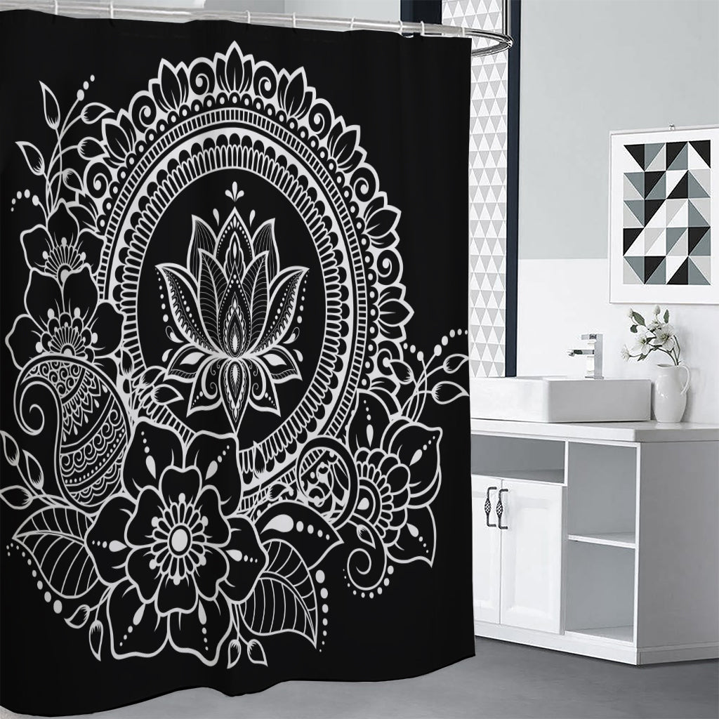 Black And White Lotus Flower Print Shower Curtain