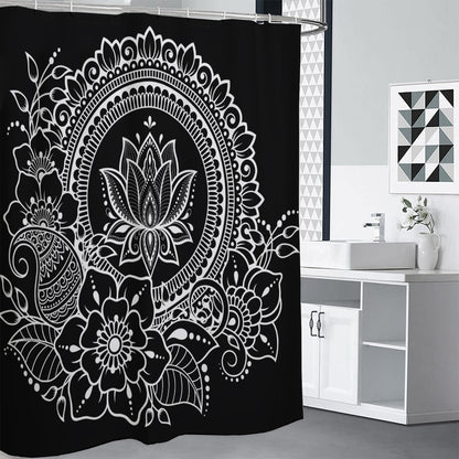 Black And White Lotus Flower Print Shower Curtain