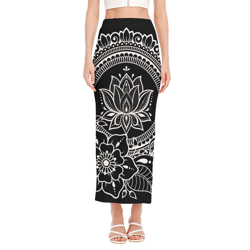 Black And White Lotus Flower Print Side Slit Maxi Skirt