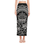Black And White Lotus Flower Print Side Slit Maxi Skirt