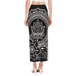 Black And White Lotus Flower Print Side Slit Maxi Skirt