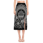 Black And White Lotus Flower Print Side Slit Midi Skirt