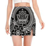 Black And White Lotus Flower Print Side Slit Mini Skirt