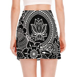 Black And White Lotus Flower Print Side Slit Mini Skirt