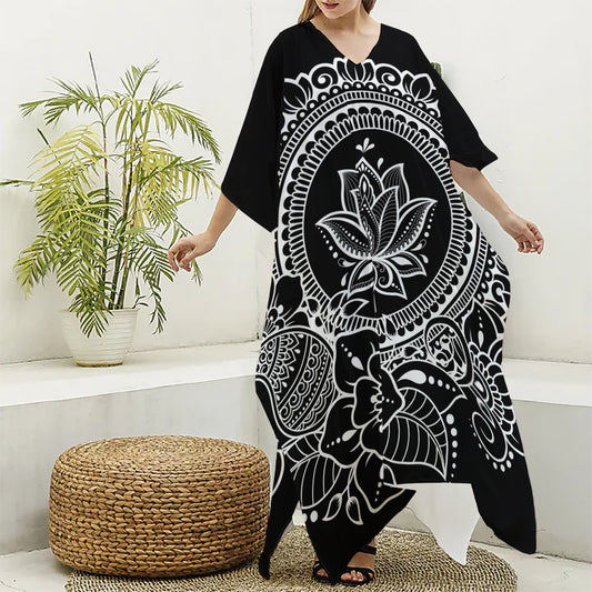 Black And White Lotus Flower Print Silk V-Neck Kaftan Dress