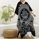 Black And White Lotus Flower Print Silk V-Neck Kaftan Dress