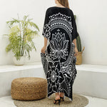 Black And White Lotus Flower Print Silk V-Neck Kaftan Dress