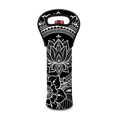 Black And White Lotus Flower Print Single Neoprene Wine Tote